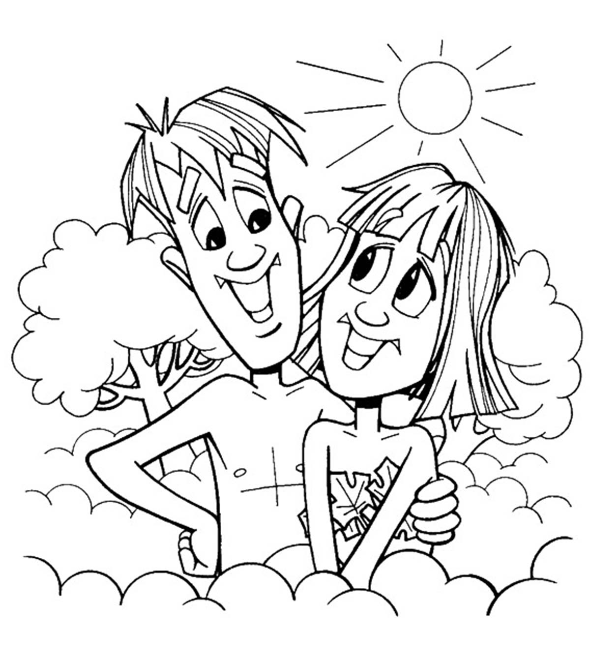 Black outline Adam and Eve coloring page